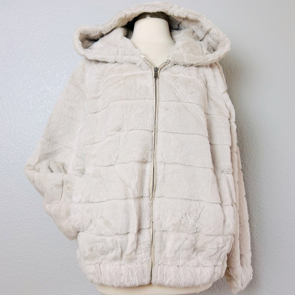 Teddy Jacket Coat Women's Beige Faux Fur Hooded Plush Full Zip Satin Lined L/XL